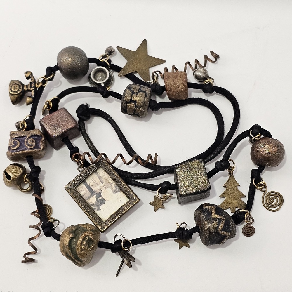 Artisan Mixed Media Charm Necklace Adjustable Cord Boho Folk Art OOAK